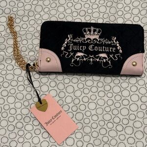 NWT Juicy Couture Black & Pink Tale Large Za Quilted Wallet with Gold Chain Y2K